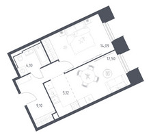Планировка однокомнатной(апартаменты) площадью 44.91 квадратных метров в “ЖК Скай Спутник”