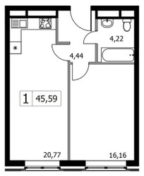 Планировка однокомнатной(квартира) площадью 45.59 квадратных метров в ЖК “ЖК Городские Истории”