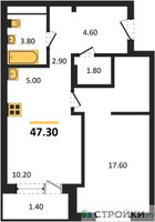 Планировка однокомнатной(апартаменты) площадью 45.9 квадратных метров в “ЖК Равновесие”