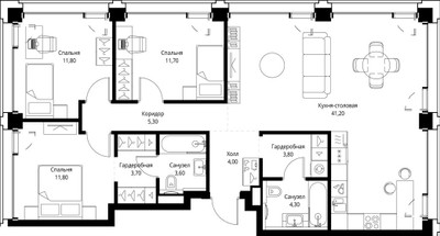 Планировка трехкомнатной(квартира) площадью 101.5 квадратных метров в ЖК “ЖК СЕТ”