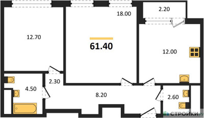 Планировка двухкомнатной(квартира) площадью 61.4 квадратных метров в ЖК “Квартал Филатов луг”