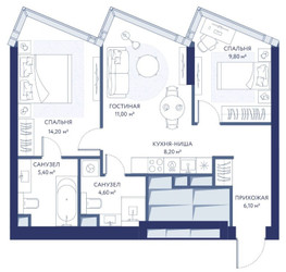 Планировка двухкомнатной(квартира) площадью 67.3 квадратных метров в ЖК “ЖК HideOUT (ХайдАут)”