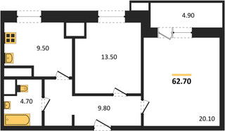Планировка двухкомнатной(квартира) площадью 62.7 квадратных метров в “ЖК Парк Легенд 2”