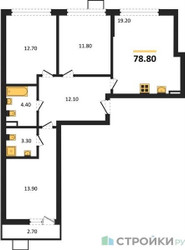 Планировка трехкомнатной(квартира) площадью 78.8 квадратных метров в ЖК “ЖК Деснаречье”