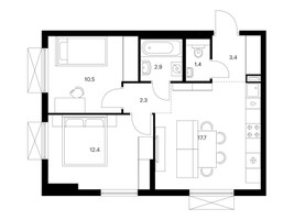 Планировка двухкомнатной(квартира) площадью 50.6 квадратных метров в “ЖК Никольские луга”