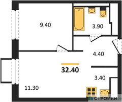 Планировка однокомнатной(квартира) площадью 32.4 квадратных метров в “ЖК Мытищи Парк”