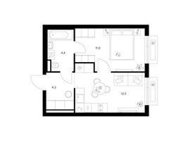 Планировка однокомнатной(квартира) площадью 32.9 квадратных метров в “ЖК Зеленый парк”