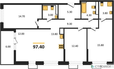 Планировка трехкомнатной(квартира) площадью 97.4 квадратных метров в ЖК “ЖК Скандинавия”