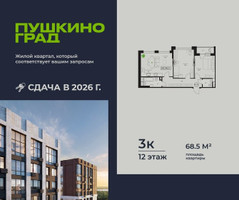 Планировка трехкомнатной(квартира) площадью 68.5 квадратных метров в “ЖК Пушкино Град”
