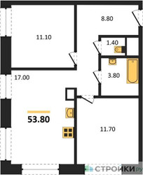 Планировка двухкомнатной(квартира) площадью 53.8 квадратных метров в ЖК “ЖК Обручева 30”