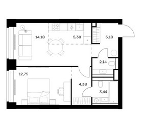 Планировка однокомнатной(квартира) площадью 47.45 квадратных метров в ЖК “ЖК НОВА”