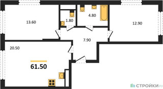 Планировка двухкомнатной(квартира) площадью 61.5 квадратных метров в “ЖК Сиреневый парк”