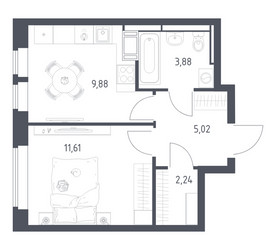 Планировка однокомнатной(квартира) площадью 32.63 квадратных метров в ЖК “ЖК Большое Путилково”