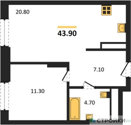 Планировка однокомнатной(квартира) площадью 43.9 квадратных метров в ЖК “ЖК Детали”