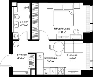 Планировка однокомнатной(квартира) площадью 38.17 квадратных метров в ЖК “ЖК Веер”