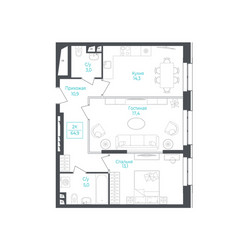 Планировка студии(апартаменты) площадью 65.1 квадратных метров в ЖК “ЖК Monodom Lake”