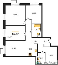 Планировка трехкомнатной(квартира) площадью 86.37 квадратных метров в ЖК “ЖК Алхимово”