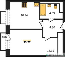 Планировка однокомнатной(квартира) площадью 33.77 квадратных метров в “ЖК Новое Видное”