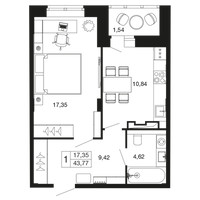 Планировка однокомнатной(квартира) площадью 43.7 квадратных метров в “ЖК Времена года”