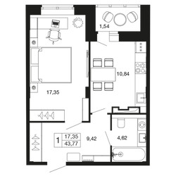 Планировка однокомнатной(квартира) площадью 43.7 квадратных метров в ЖК “ЖК Времена года”