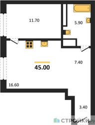 Планировка однокомнатной(квартира) площадью 45 квадратных метров в ЖК “ЖК МОНС”