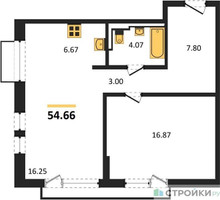 Планировка однокомнатной(квартира) площадью 54.66 квадратных метров в “ЖК Квартал Авиаторов”