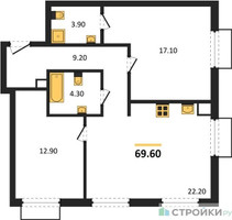 Планировка двухкомнатной(квартира) площадью 69.6 квадратных метров в “ЖК Дмитровское небо”