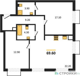 Планировка двухкомнатной(квартира) площадью 69.6 квадратных метров в ЖК “ЖК Дмитровское небо”