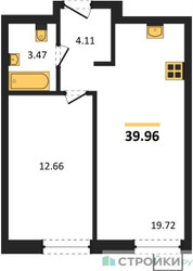 Планировка однокомнатной(квартира) площадью 39.96 квадратных метров в ЖК “ЖК Квартал Тетрис”