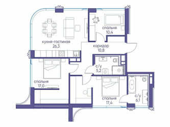 Планировка трехкомнатной(квартира) площадью 93.22 квадратных метров в ЖК “ЖК Остров”