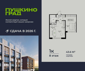 Планировка однокомнатной(квартира) площадью 43.6 квадратных метров в ЖК “ЖК Пушкино Град”