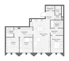 Планировка трехкомнатной(квартира) площадью 123 квадратных метров в ЖК “Клубный квартал "Фрунзенская набережная"”