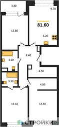 Планировка трехкомнатной(квартира) площадью 81.6 квадратных метров в ЖК “Жилые кварталы Белый Град”
