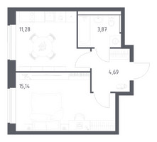 Планировка однокомнатной(квартира) площадью 34.98 квадратных метров в “ЖК Пригород Лесное”