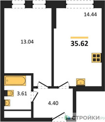Планировка однокомнатной(квартира) площадью 35.62 квадратных метров в ЖК “ЖК Дюна”