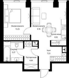 Планировка однокомнатной(квартира) площадью 49.09 квадратных метров в ЖК “ЖК Сити Бэй”
