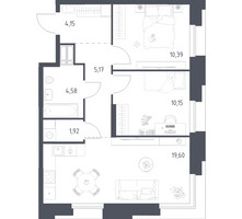 Планировка двухкомнатной(апартаменты) площадью 55.96 квадратных метров в “ЖК Апарт-отель Тропарево парк”