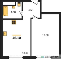 Планировка однокомнатной(квартира) площадью 46 квадратных метров в ЖК “Жилой район Alia (Алиа)”