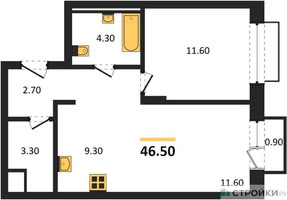 Планировка однокомнатной(квартира) площадью 46.5 квадратных метров в “ЖК Равновесие”