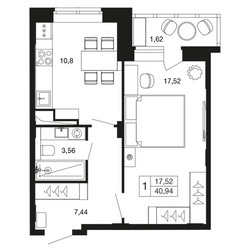 Планировка однокомнатной(квартира) площадью 40.9 квадратных метров в ЖК “ЖК Времена года”