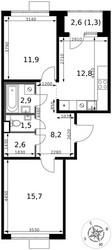 Планировка двухкомнатной(квартира) площадью 56.9 квадратных метров в ЖК “ЖК 1-й Химкинский (Первый Химкинский)”