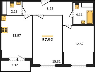 Планировка двухкомнатной(квартира) площадью 57.92 квадратных метров в ЖК “ЖК Светлый мир БиоПолис”