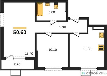 Планировка двухкомнатной(квартира) площадью 50.6 квадратных метров в ЖК “ЖК Деснаречье”