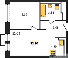 Планировка однокомнатной(квартира) площадью 32.3 квадратных метров в “ЖК Квартал Ивакино”