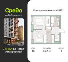 Планировка однокомнатной(квартира) площадью 35.7 квадратных метров в “ЖК Среда на Лобачевского”