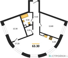 Планировка двухкомнатной(квартира) площадью 64.6 квадратных метров в “ЖК Родина Переделкино”