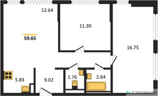 Планировка двухкомнатной(квартира) площадью 59.65 квадратных метров в “ЖК Остафьево”