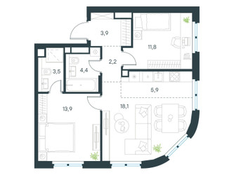 Планировка трехкомнатной(квартира) площадью 63.7 квадратных метров в ЖК “ЖК Level Нижегородская”
