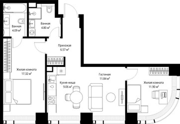 Планировка двухкомнатной(квартира) площадью 65.58 квадратных метров в ЖК “ЖК Веер”