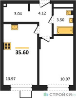 Планировка однокомнатной(квартира) площадью 35.6 квадратных метров в “ЖК Новоград Павлино”